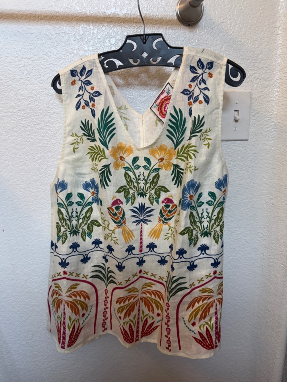 Johnny Was Cream Sleeveless Embroidered Floral Top with Pink & Green Motif